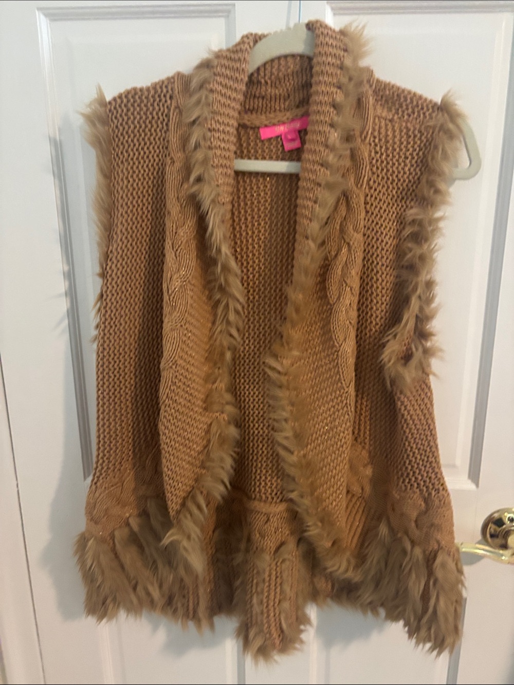 Lilly Pulitzer Camel Faux-Fur Trim Knit Vest